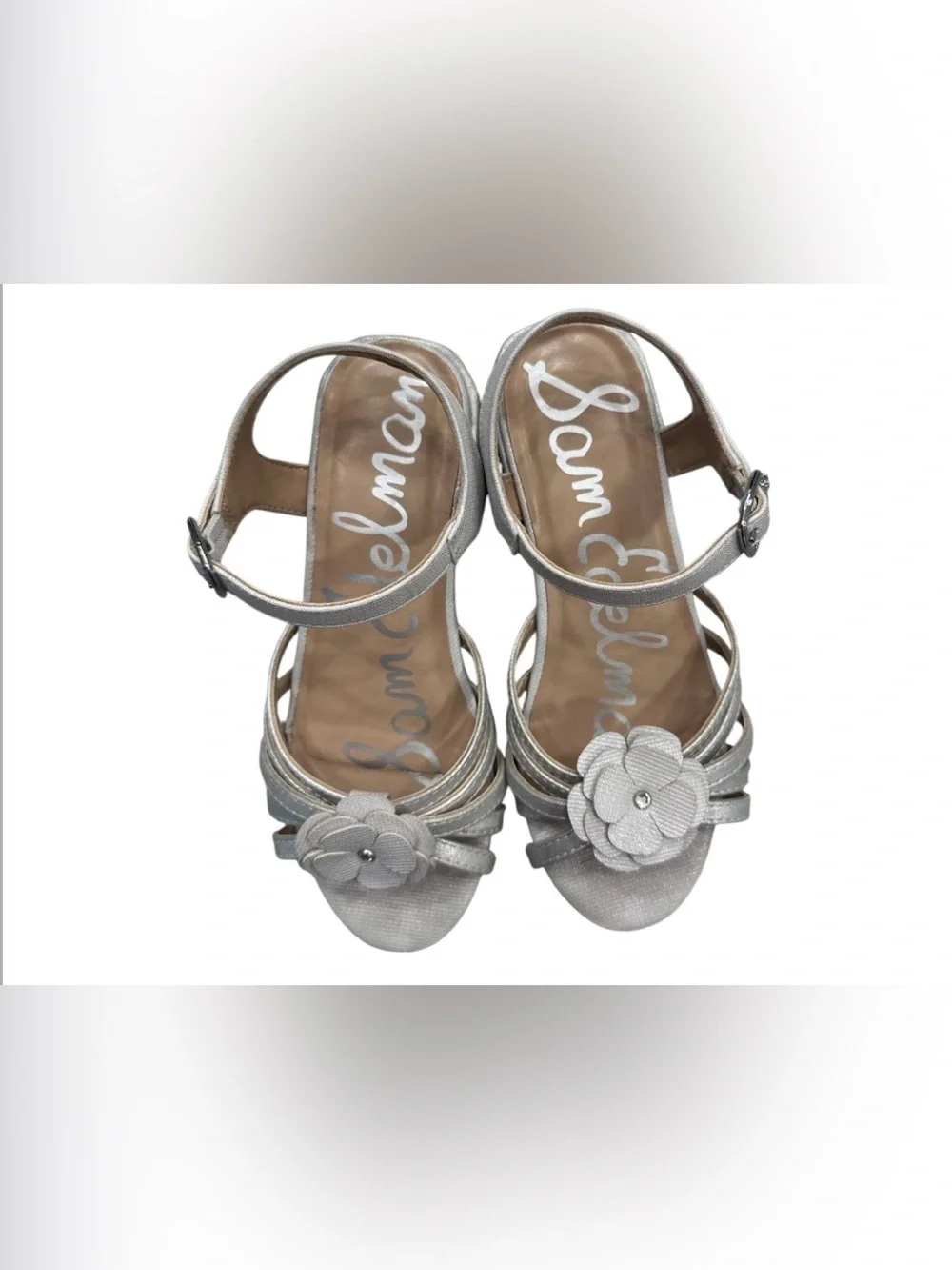 Sam Edelman Kids Calla Flower Silver Metallic Dress Sandals Low Block Heel Sz 1